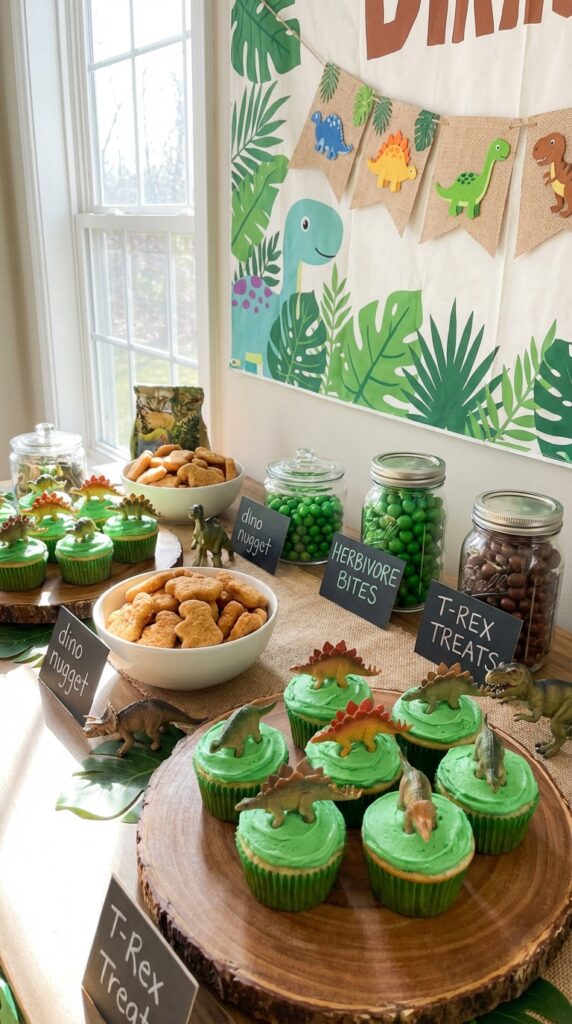 Dinosaur themed dessert table with snacks and decorations
