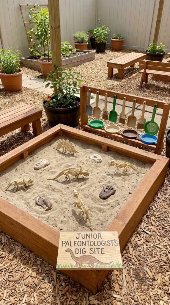 Kids dinosaur excavation sandbox activity setup