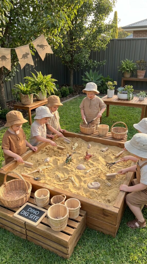 Kids digging for dinosaur fossils in a sandbox activity