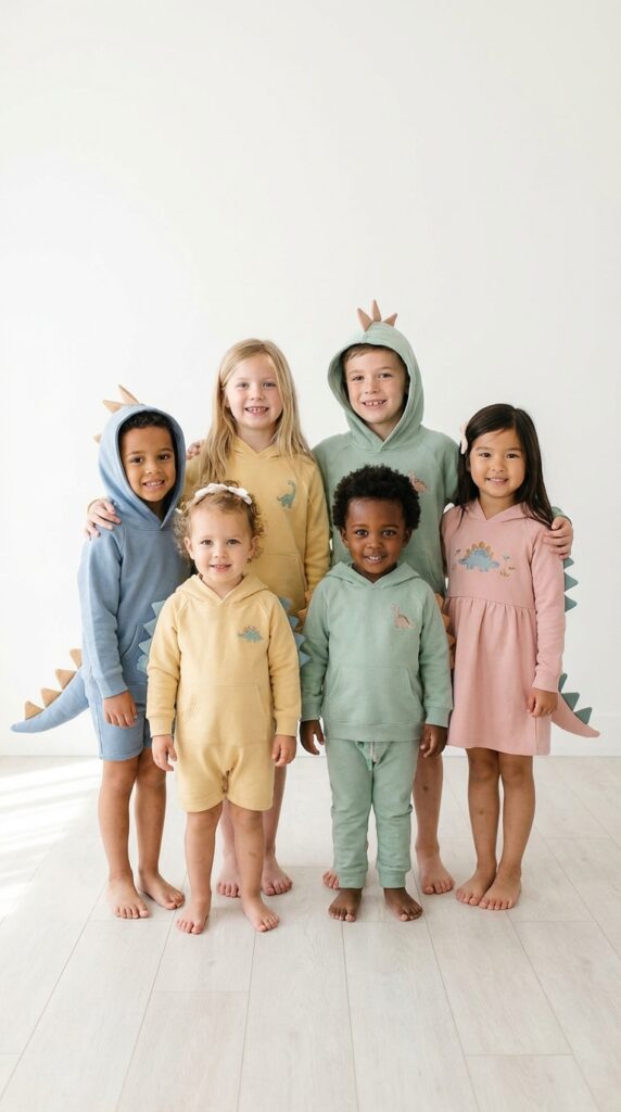 Kids dressed in dinosaur themed outfits for birthday