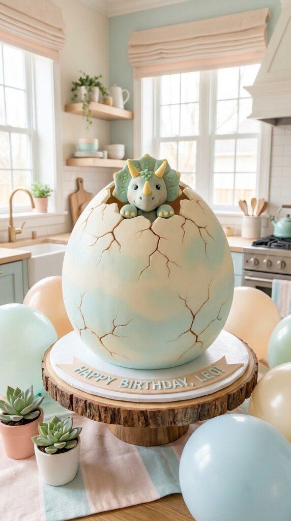  Dinosaur egg cake with cracked design and baby dinosaur
