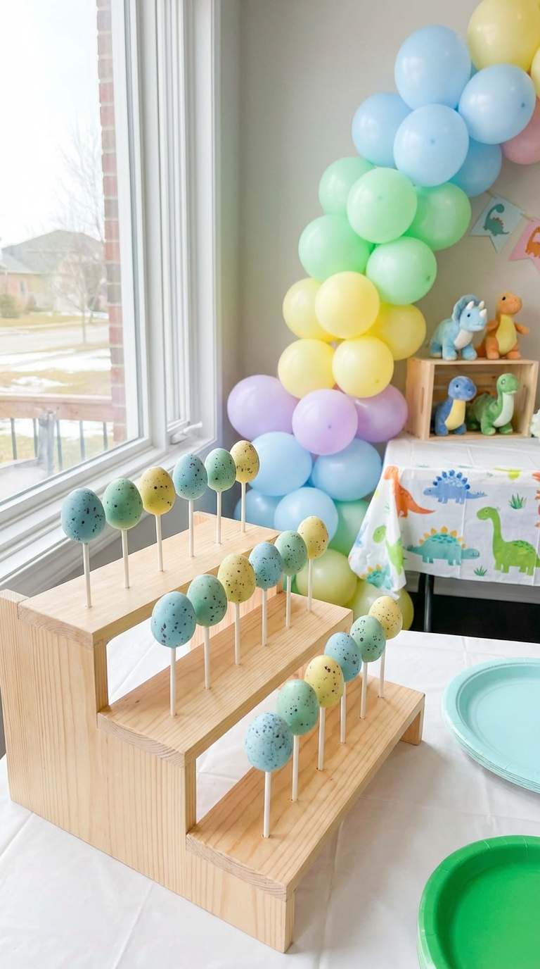 Dinosaur egg cake pops with speckled design