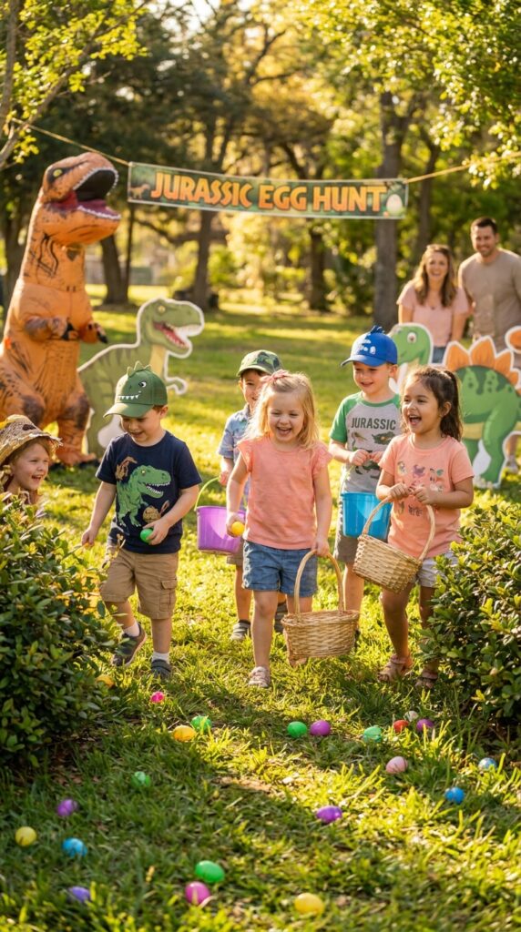 Kids playing dinosaur egg hunt game