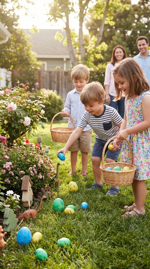 Kids collecting colorful dinosaur eggs in a fun party setup