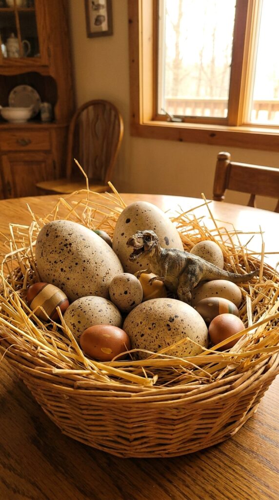 Dinosaur egg nest centerpiece with baby dinosaur