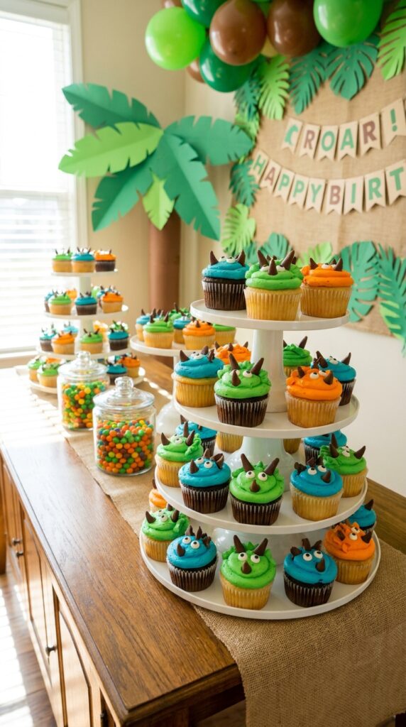 Cute dinosaur face cupcakes with colorful frosting and candy decorations