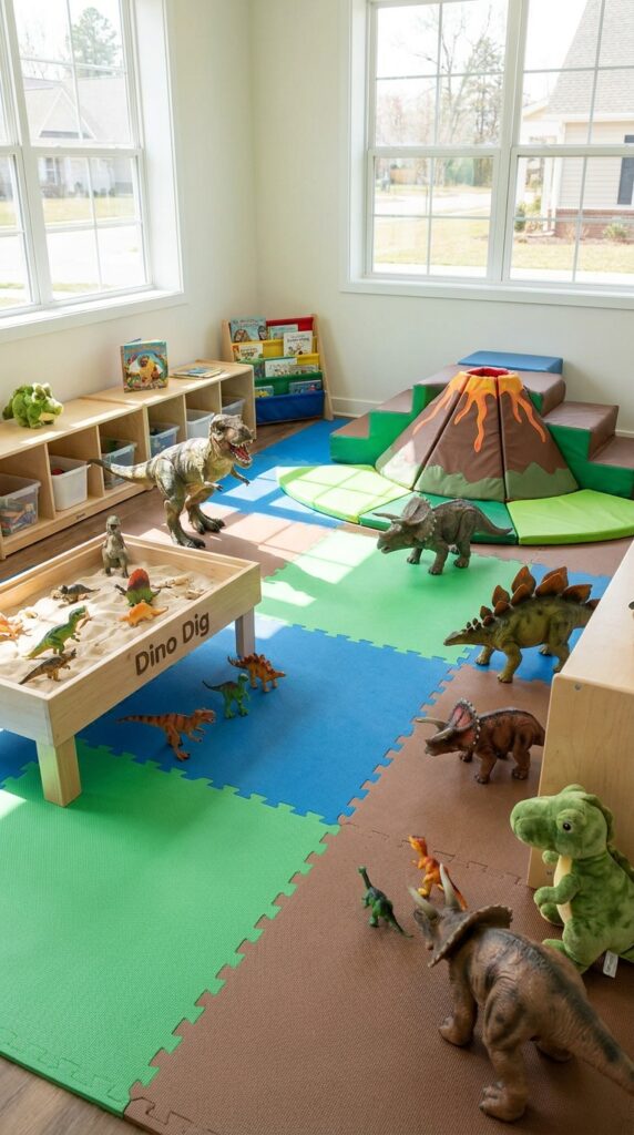 Dinosaur themed kids play area with toys and soft mats