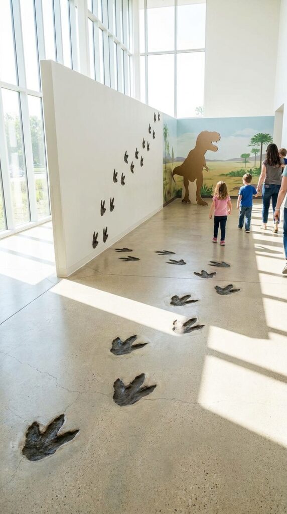 Dinosaur footprint themed backdrop with trail design