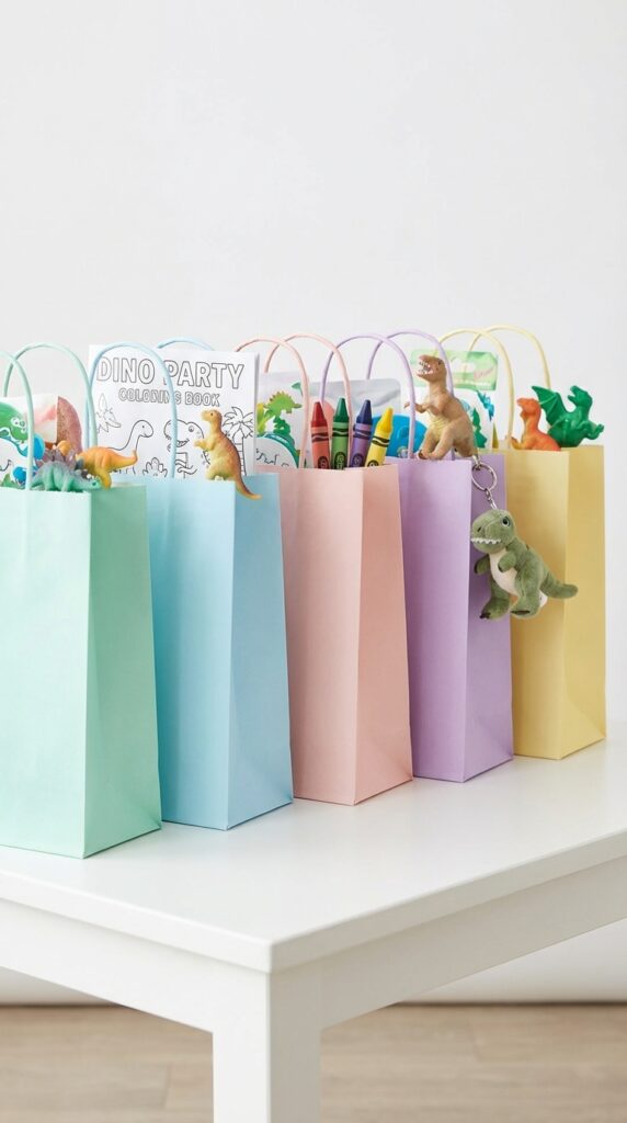 Pastel dinosaur gift bags with party favors