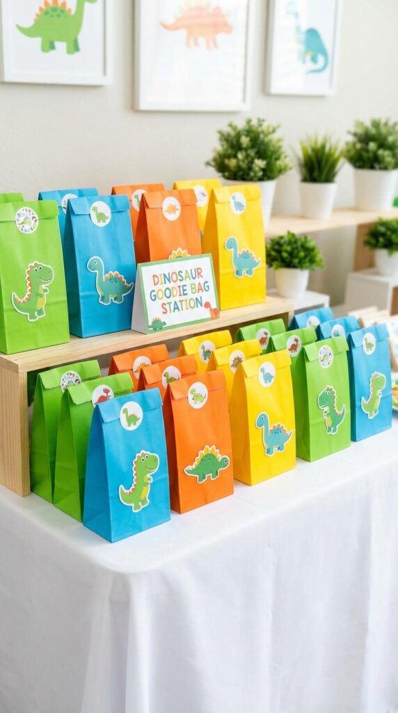 Dinosaur themed goodie bags arranged on table