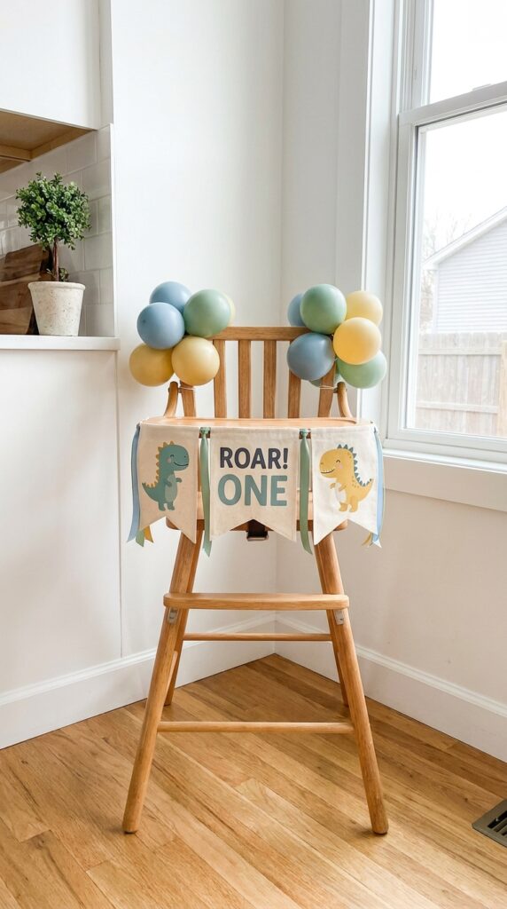 Baby high chair decorated with dinosaur theme for first birthday