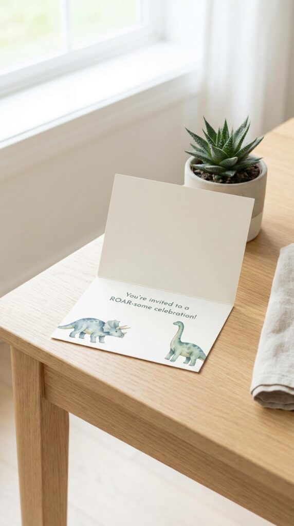 Dinosaur themed birthday invitation card for baby first birthday