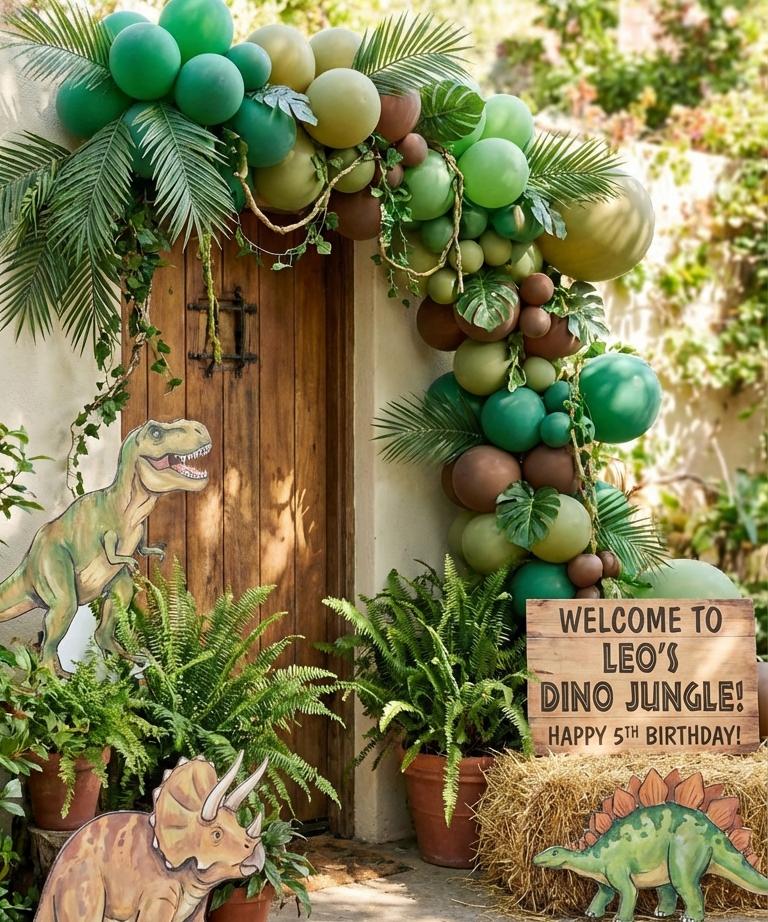 Dinosaur jungle themed birthday entrance with balloon arch and greenery