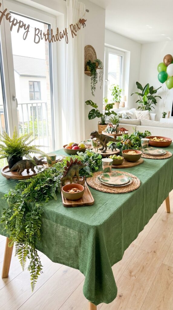 Dinosaur jungle themed birthday table with greenery and figurines