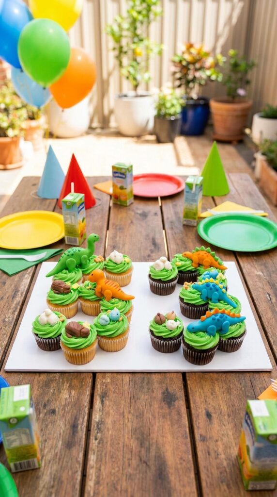 Number shaped dinosaur cupcakes for birthday party