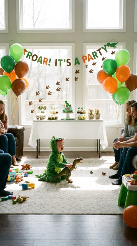 Toddler wearing dinosaur onesie costume at birthday party