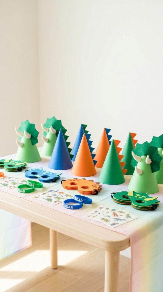 Dinosaur themed party hats and accessories for kids birthday