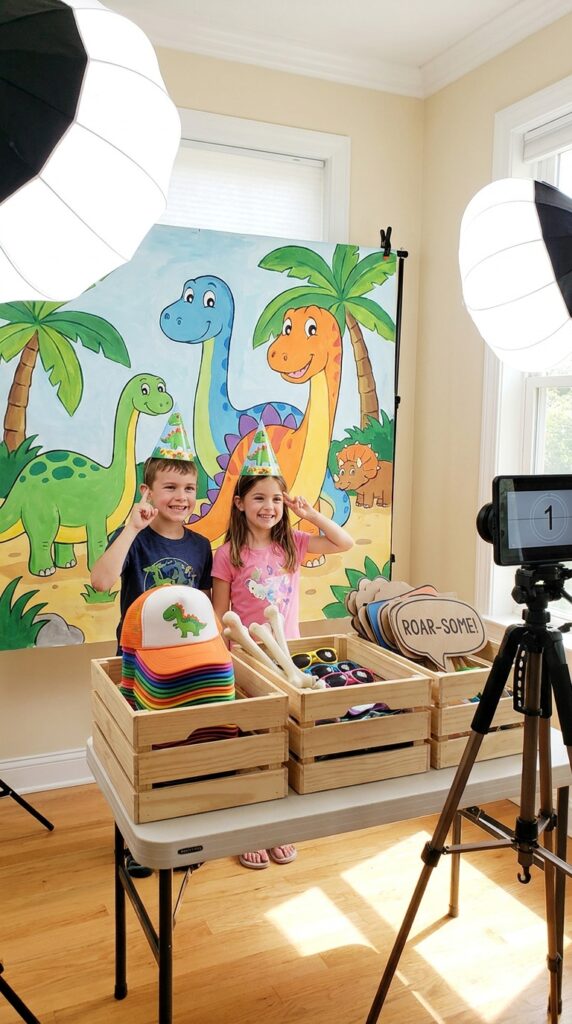 Kids posing at a dinosaur photo booth