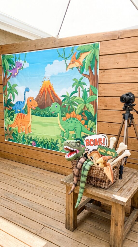 Dinosaur themed photo booth setup