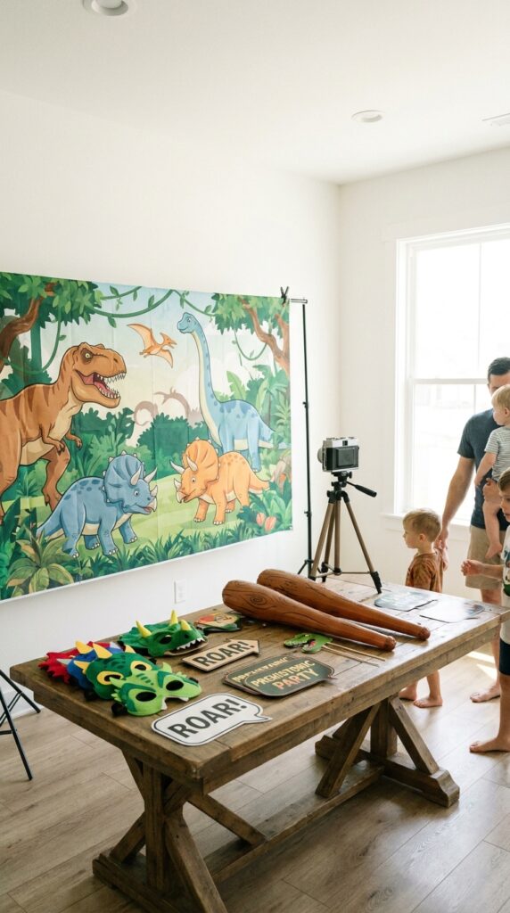 Dinosaur birthday photo booth setup with props and backdrop