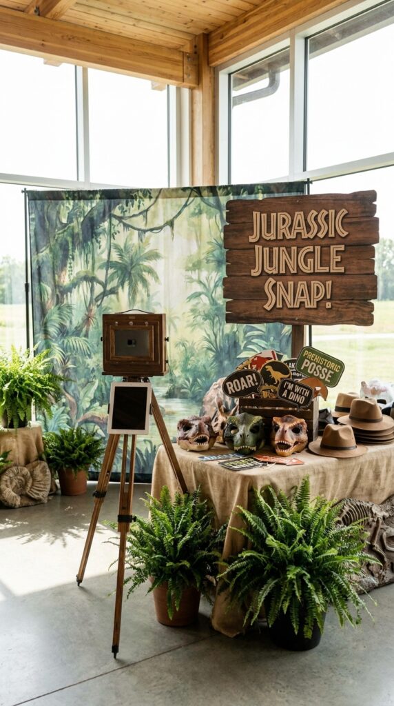 Dinosaur photo booth party setup