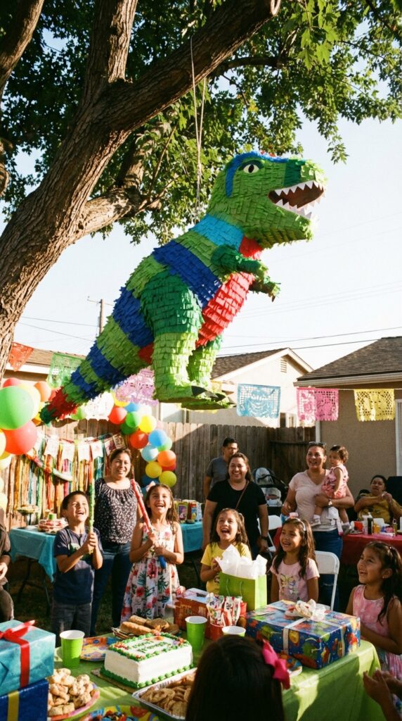 Dinosaur pinata at birthday party