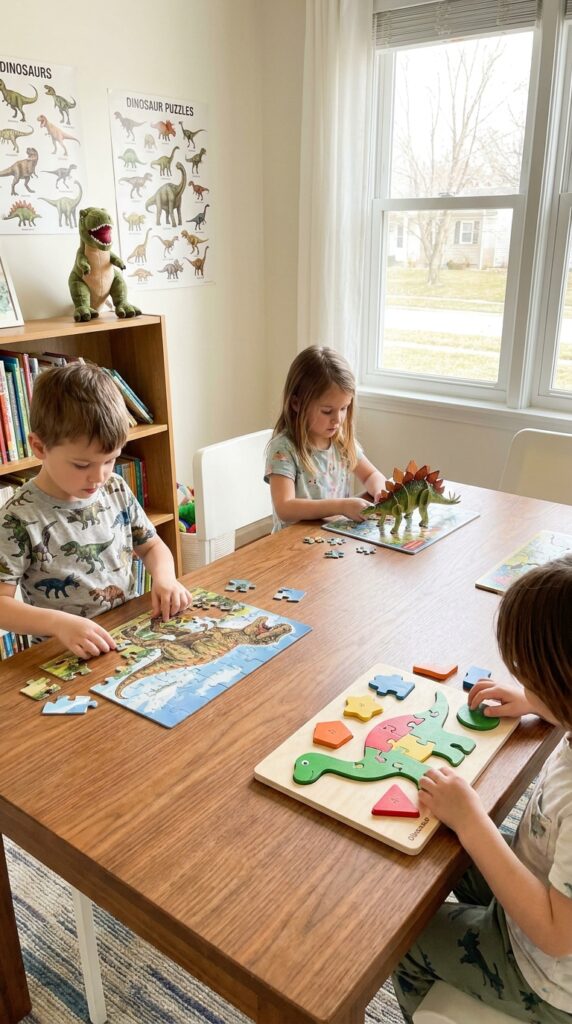 Kids solving dinosaur puzzles together
