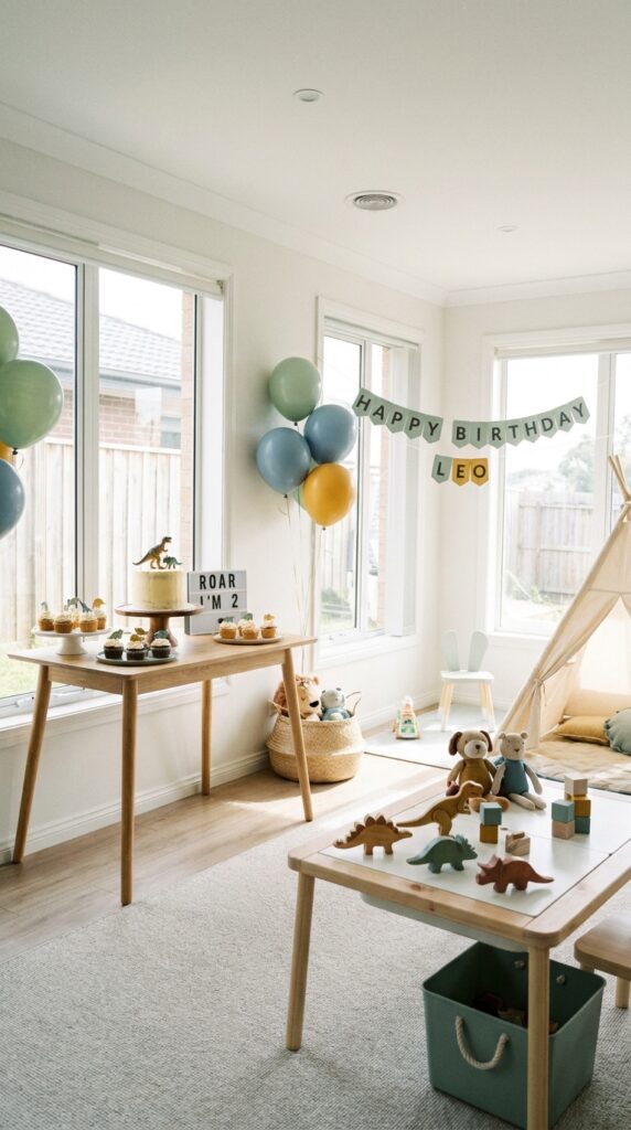 Toddler in dinosaur romper birthday outfit