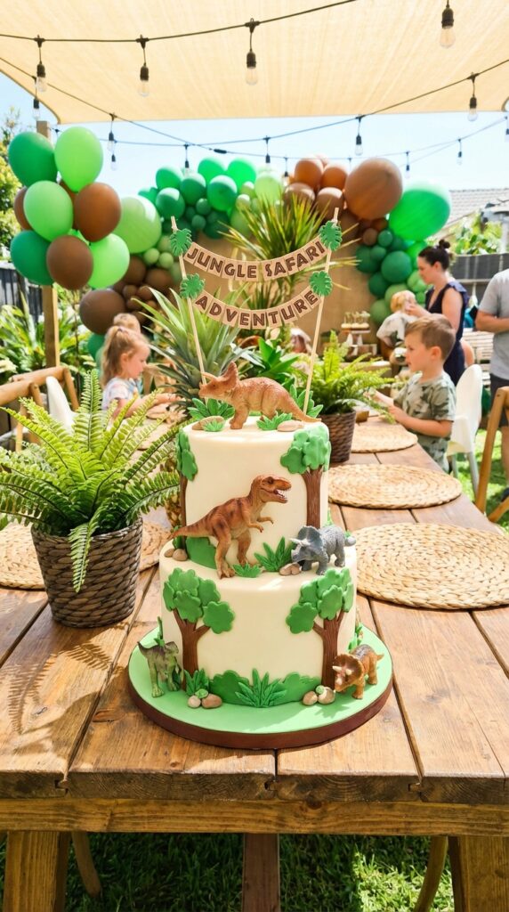Dinosaur safari themed cake with jungle elements