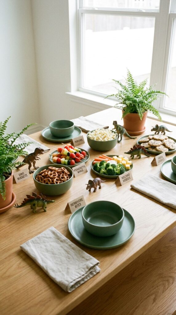 Dinosaur themed snack table for toddlers