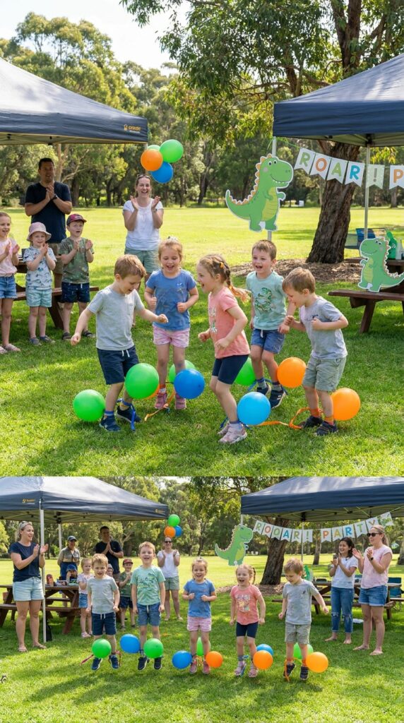 Kids stomping balloons during a dinosaur party game