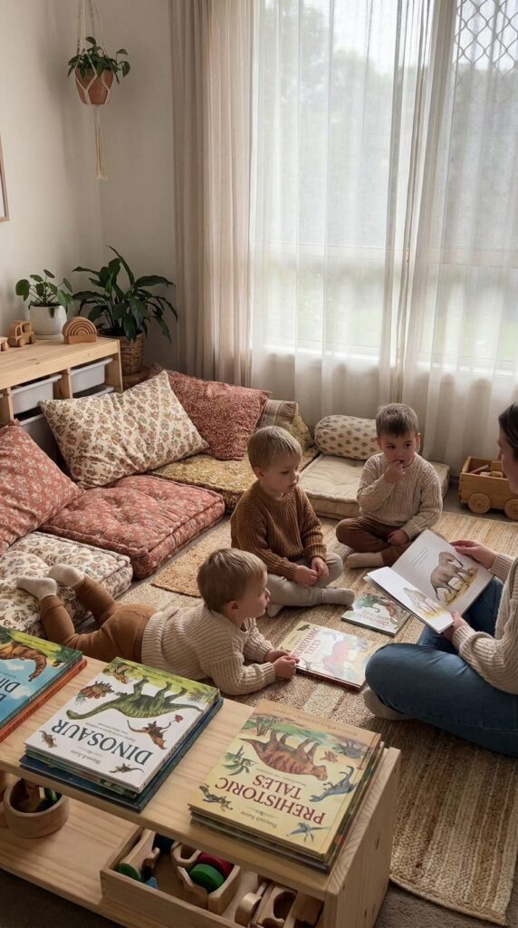 Kids sitting in a cozy dinosaur story corner