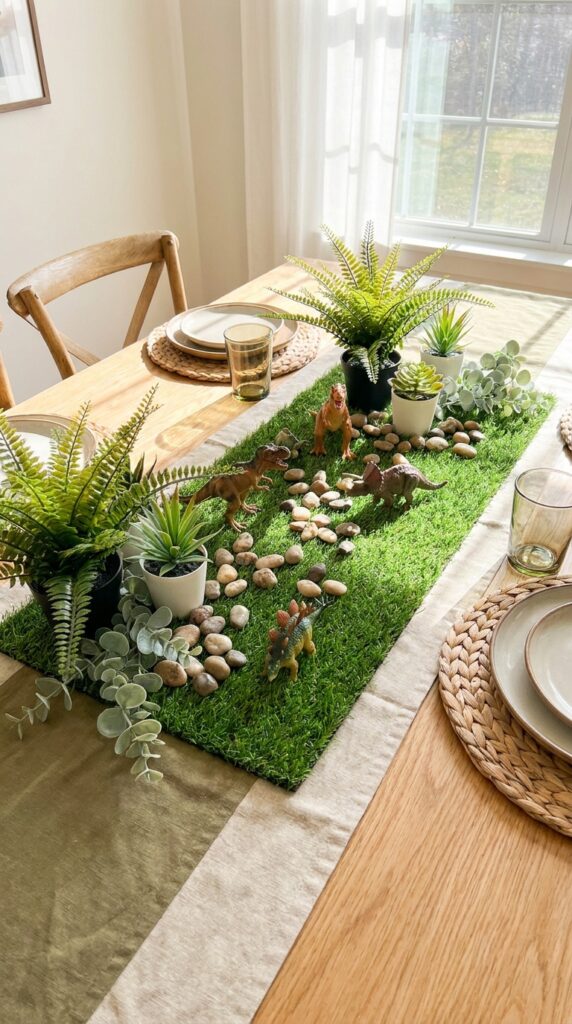 Dinosaur toy centerpiece with greenery on table