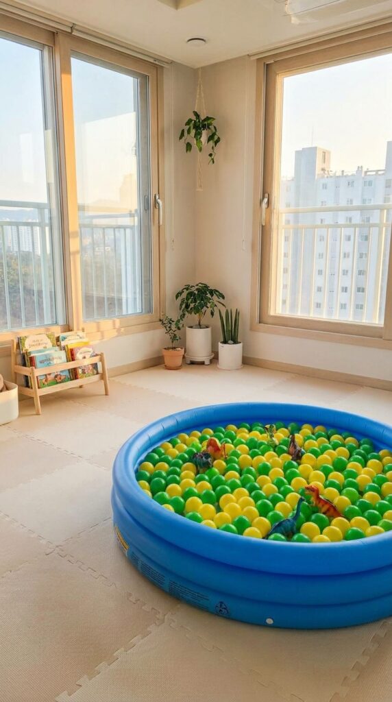 Kids playing in a dinosaur themed ball pit with colorful balls