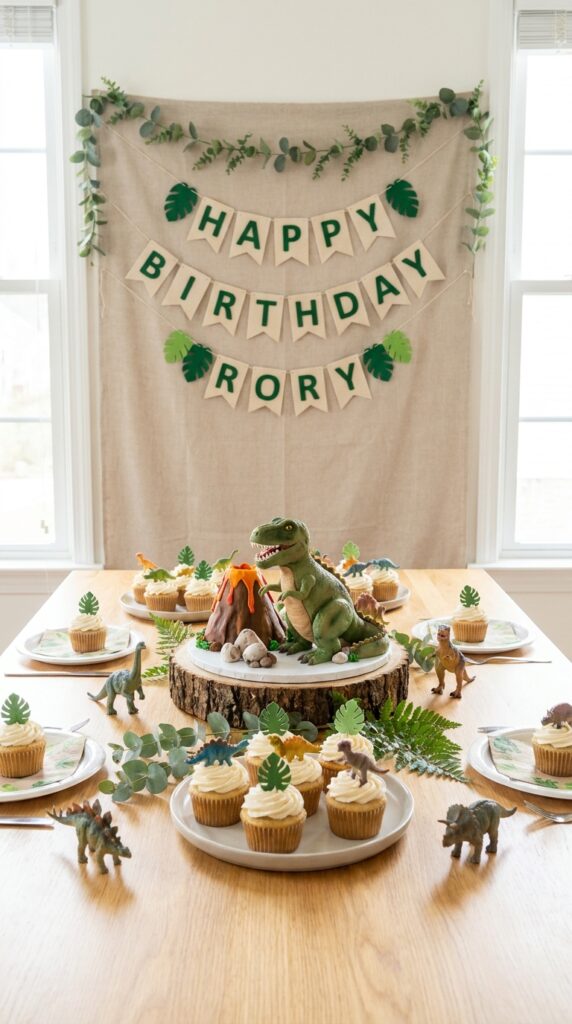 Dinosaur birthday cake table setup