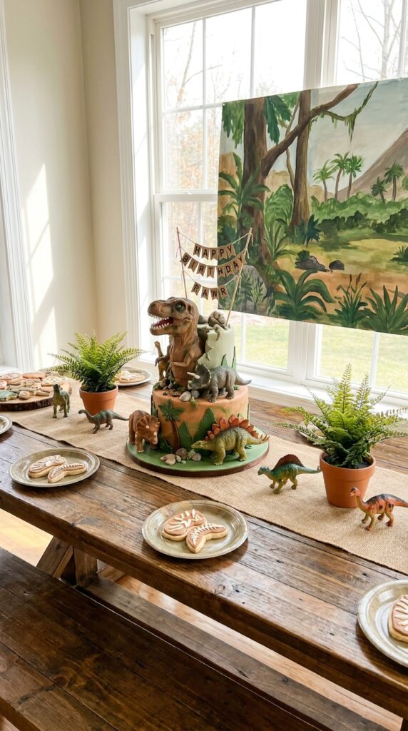 Dinosaur birthday cake table setup