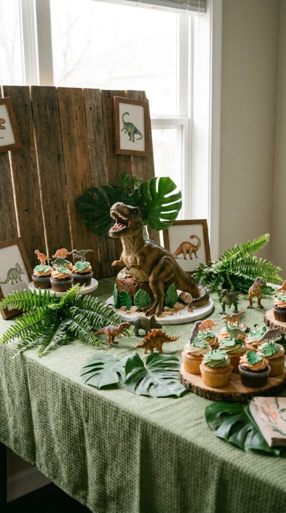 Dinosaur themed birthday cake table with decorations