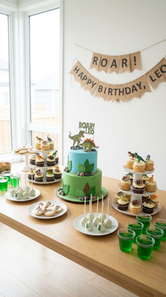 Dinosaur birthday dessert table with themed cupcakes and cake