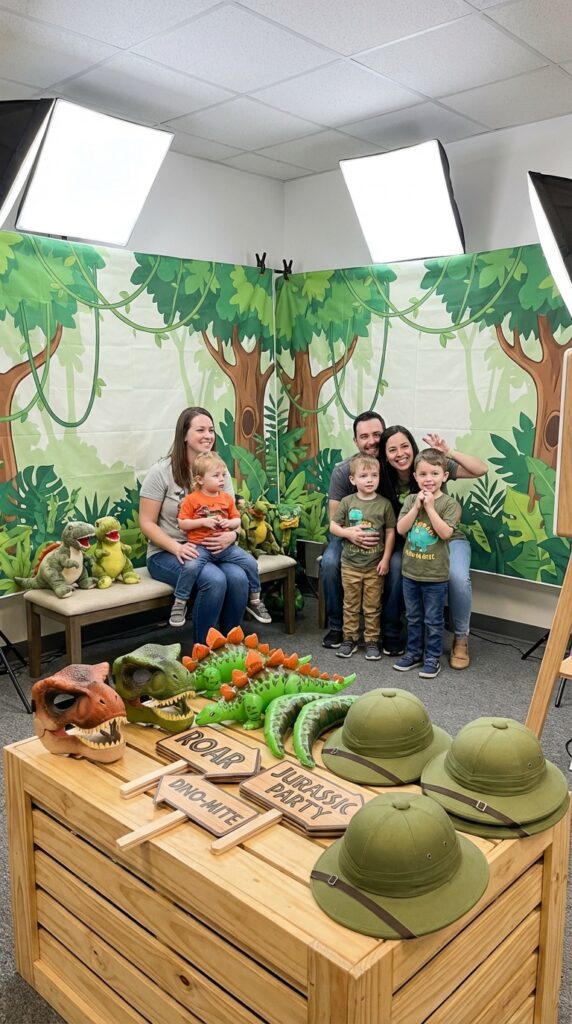 Dinosaur themed photo booth with props and backdrop