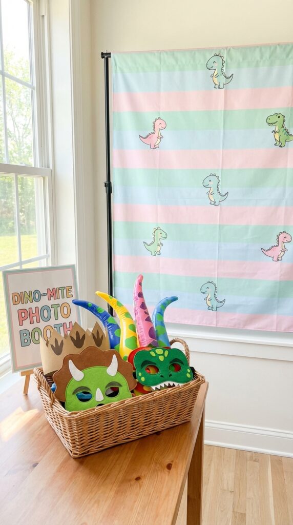 Dinosaur birthday photo booth with pastel backdrop and props