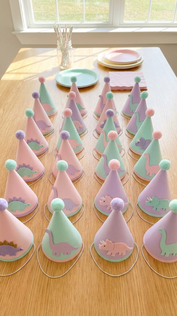 Pink dinosaur party hats for kids