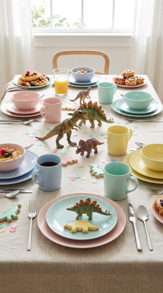 Dinosaur themed table setting with pastel decor
