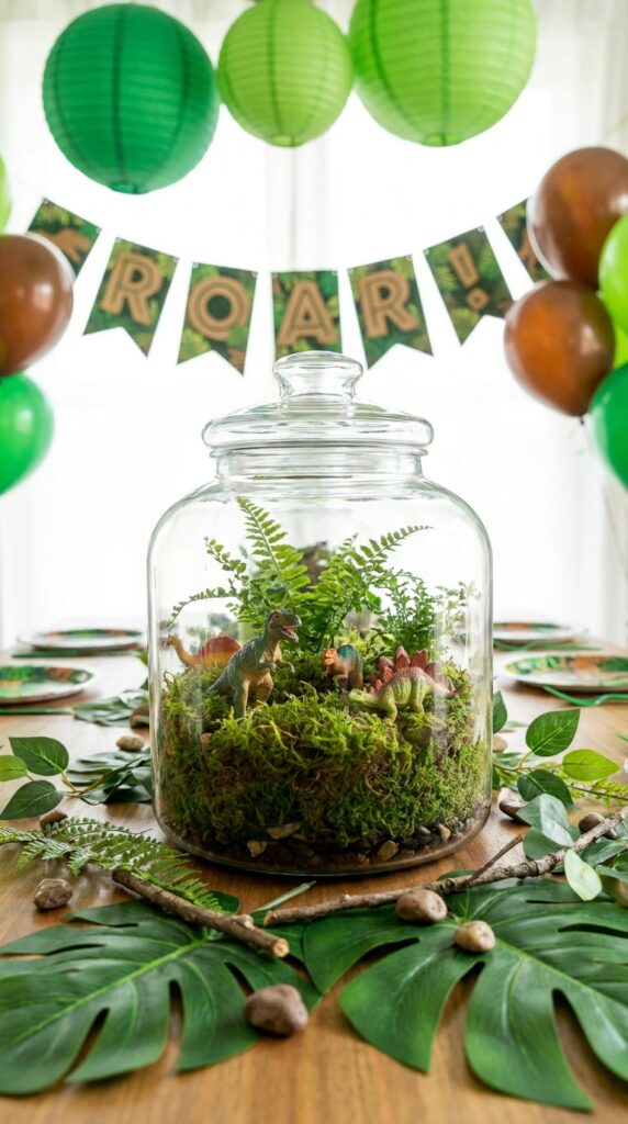 Dinosaur terrarium centerpiece with toy dinosaurs and greenery