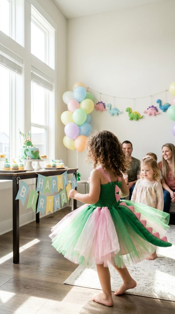 Girl wearing dinosaur tutu dress birthday party outfit