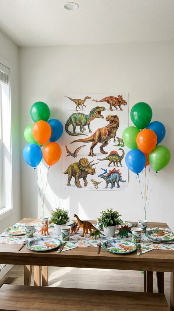 Dinosaur poster backdrop with balloons and party setup