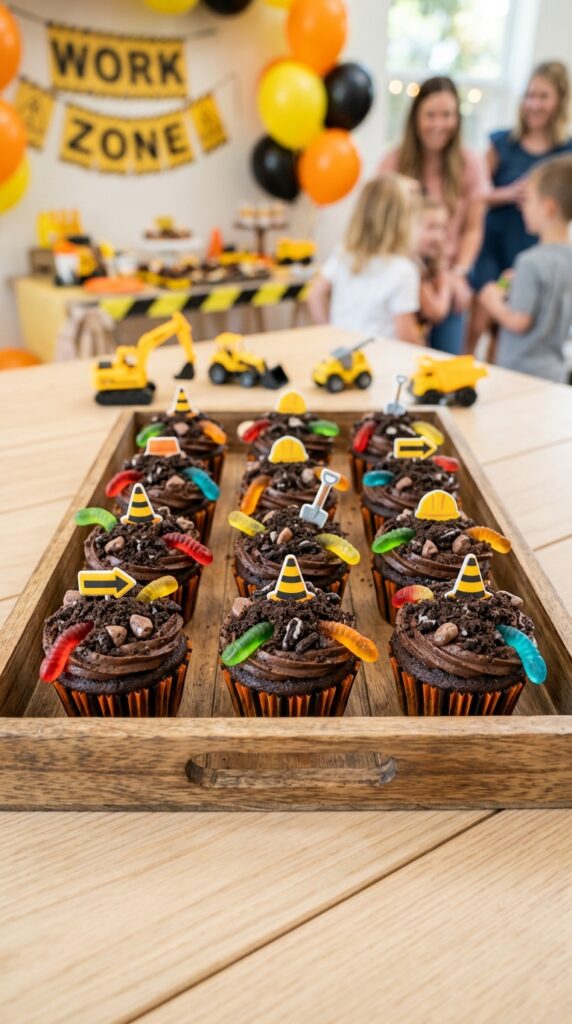 Cupcakes displayed inside toy dump trucks for party dessert table