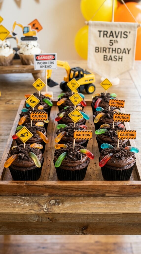 Dirt cupcakes with gummy worms for construction birthday party