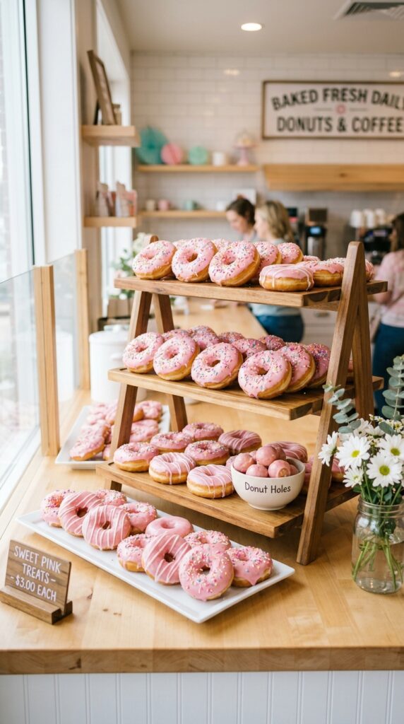 Pink glazed donuts with sprinkles on display