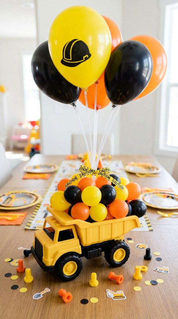 dump truck balloon centerpiece for kids construction birthday party