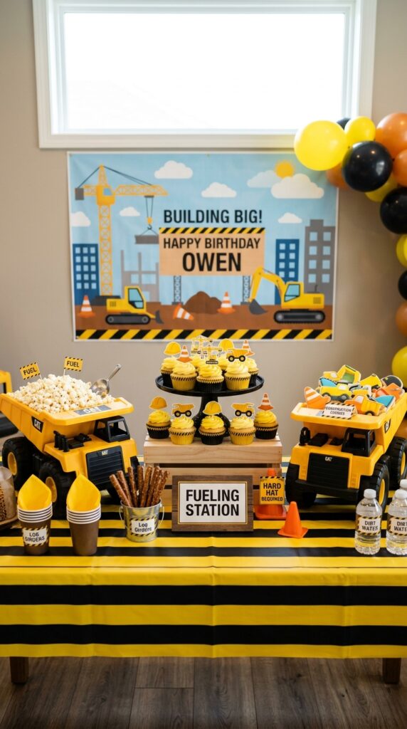A dump truck themed dessert table featuring toy trucks used as serving props, creating a fun and creative display that makes treats more exciting for toddlers.